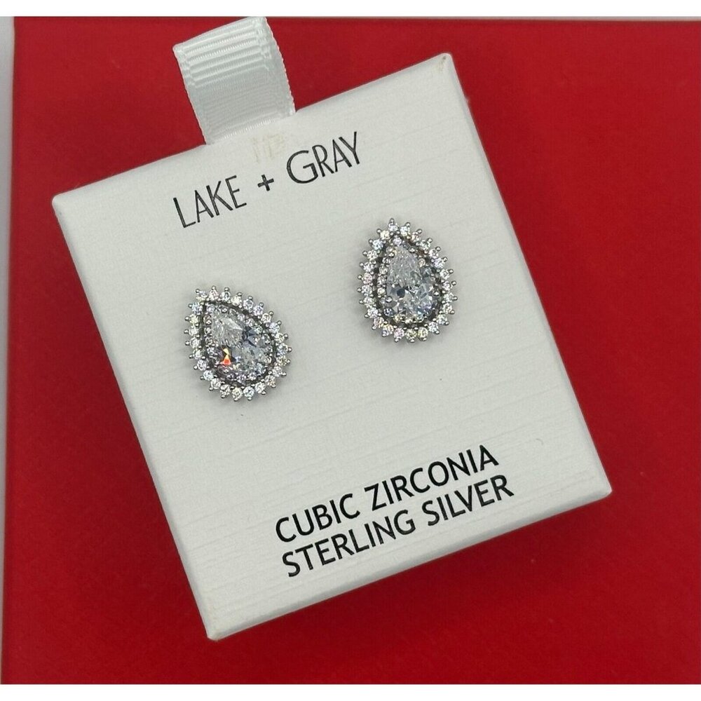 NEW Lake + Gray 925 Sterling Silver CZ Pear Halo Style Stud Earrings